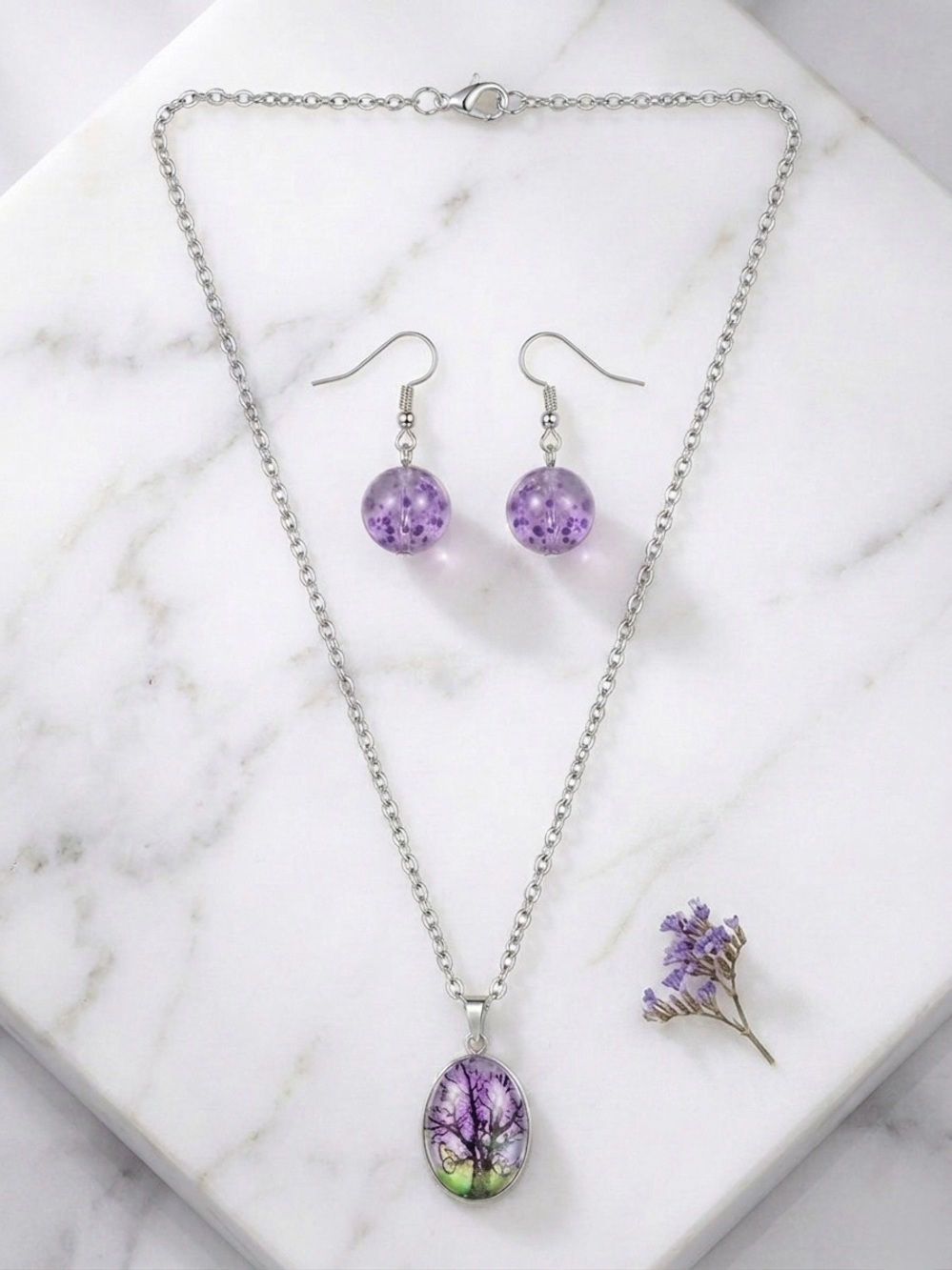Purple Tree Pendant Necklace and Matching Earrings Set - Women Jewelry